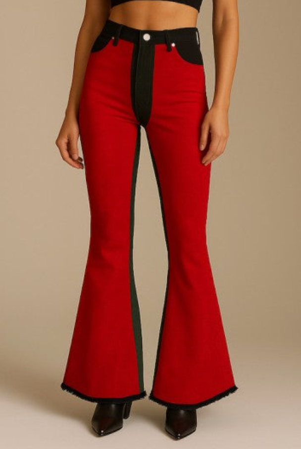 Red Suede Chap Panel Bell Bottom Jeans