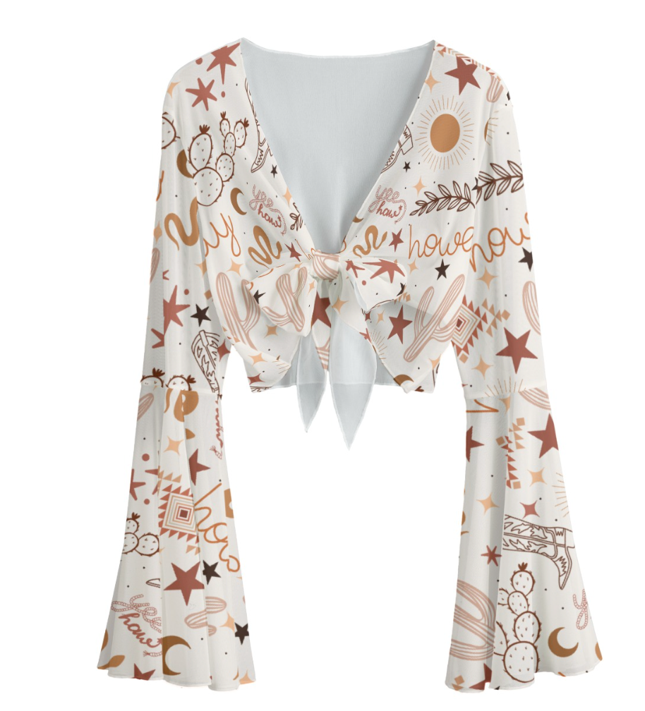 Yeehaw Howdy Mesh Crop Tie Bell Sleeve Top