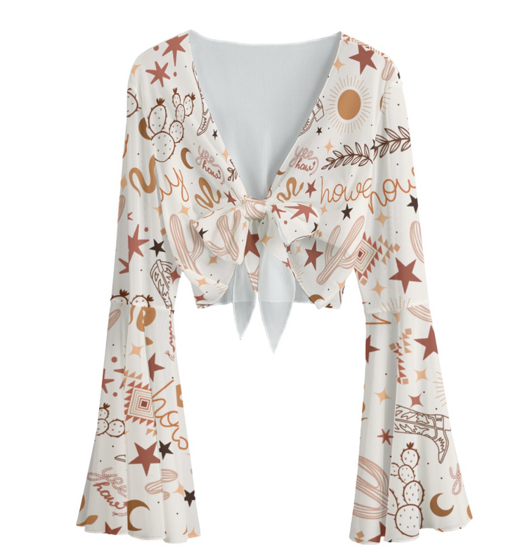 Yeehaw Howdy Mesh Crop Tie Bell Sleeve Top