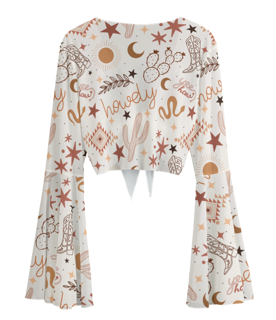 Yeehaw Howdy Mesh Crop Tie Bell Sleeve Top