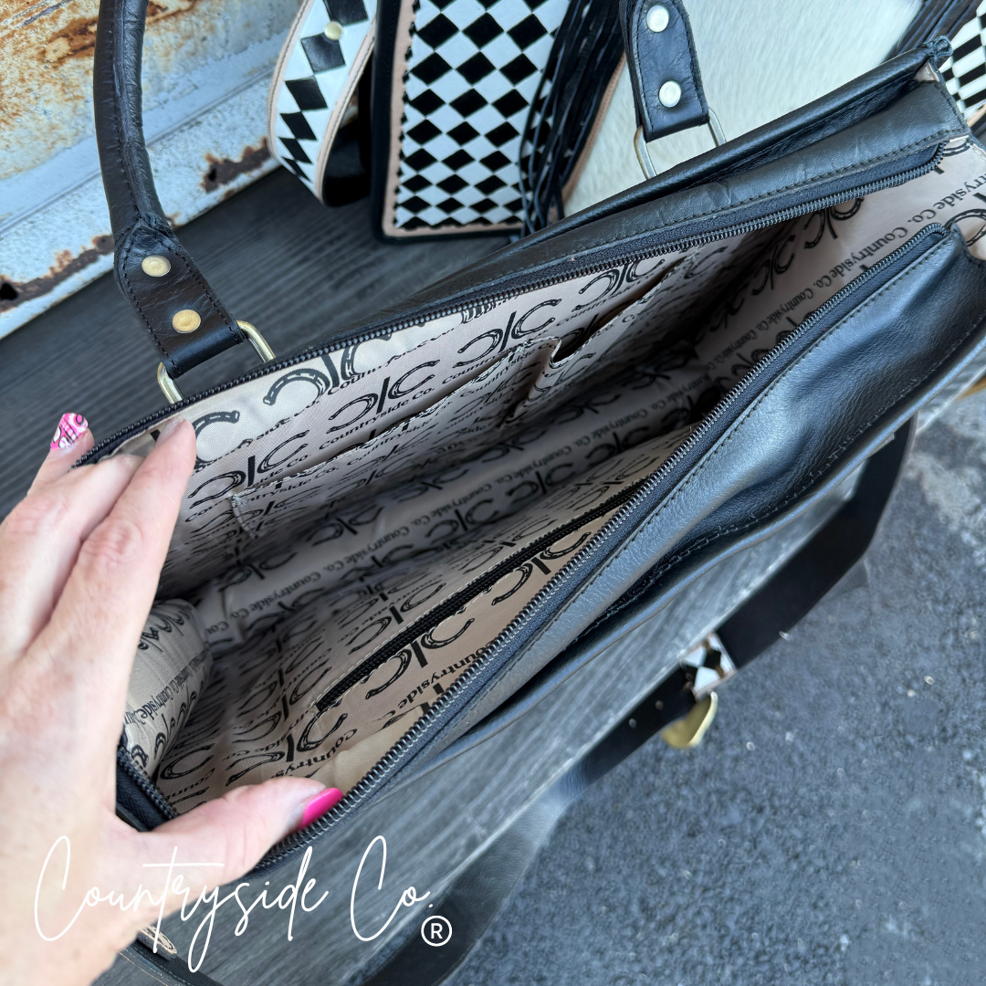 Tinsley Checkered Leather Cowhide Conceal Carry Tote, Computer Bag