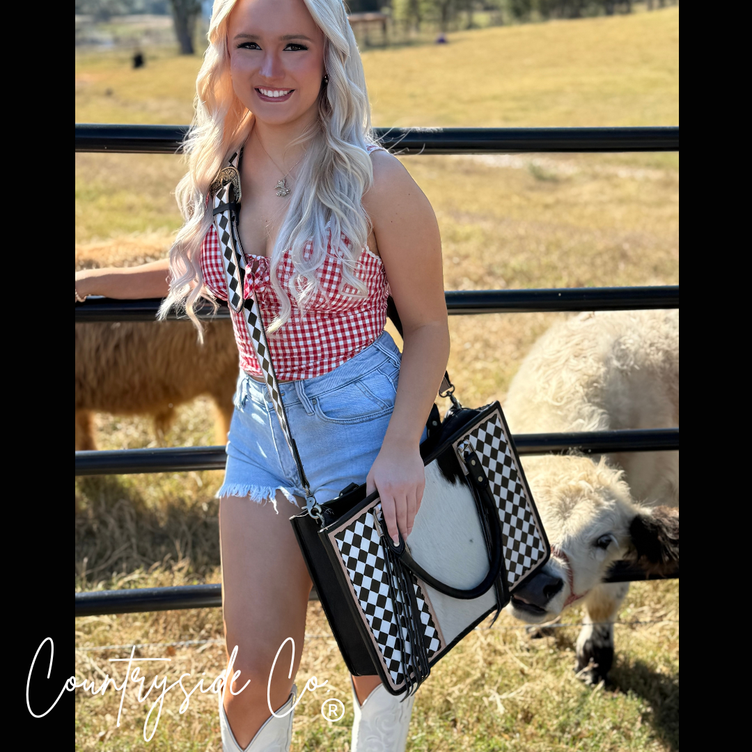 Tinsley Checkered Leather Cowhide Conceal Carry Tote, Computer Bag
