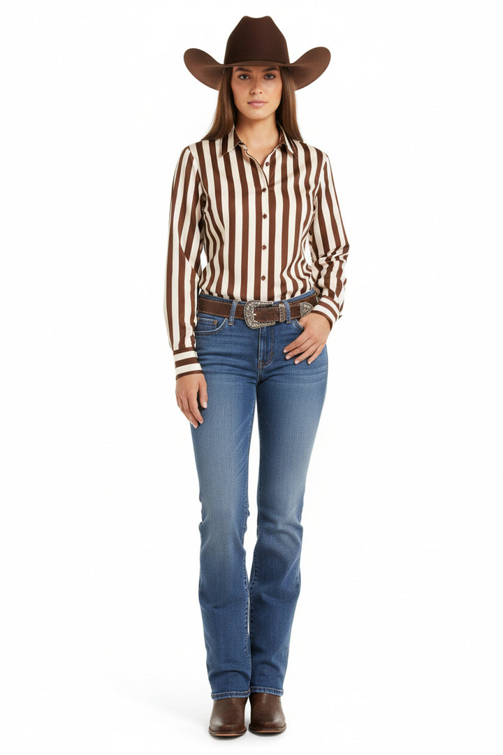 Brown & White Striped Button Up Blouse