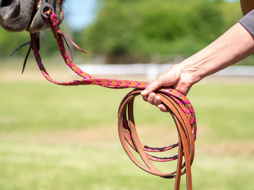 Western Split Reins with Pink Braiding