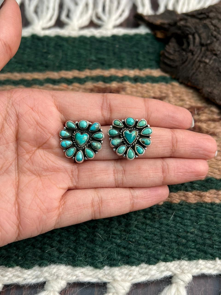 "Heart Collection" Handmade Sterling Silver Kingman Turquoise Post Studs Earrings