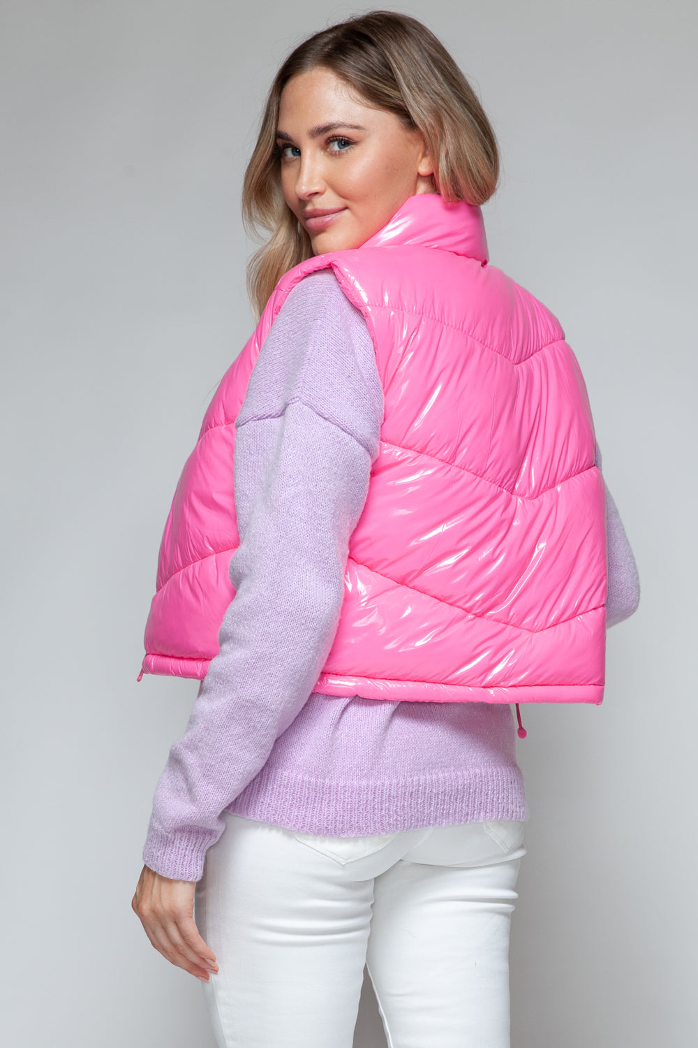 Shiny Neon Pink Zip Up Turtleneck Quilted Vest