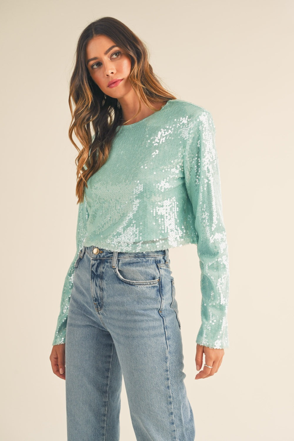 Minted Shoulder Padded Sequin Crop Top