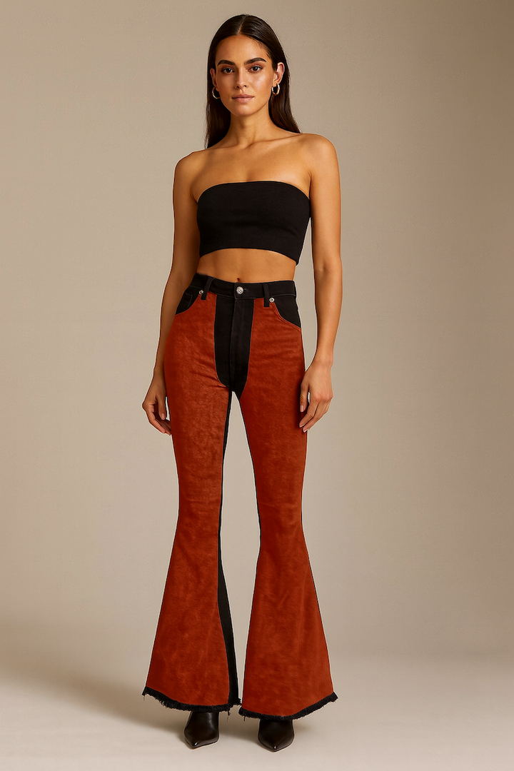 Red Suede Chap Panel Bell Bottom Jeans -32” Inseam GJG Denim