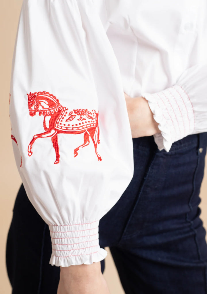 White Annie Shirt -Embroidered Red Horses