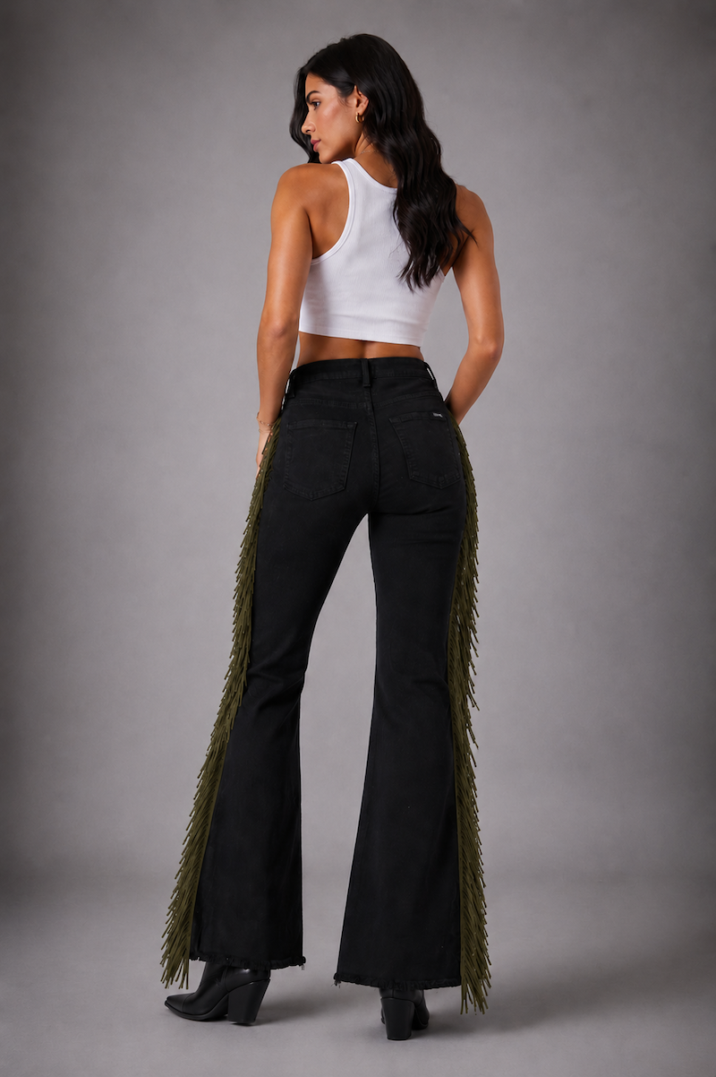 Texas Sun Olive Fringe Bell Bottom Jeans GJG DENIM