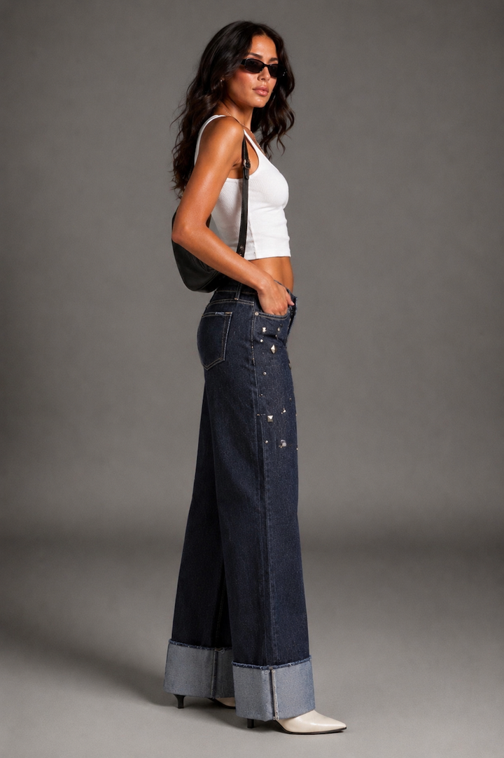 Silver Static Low Rise Wide Leg Cuffed Jeans -Indigo