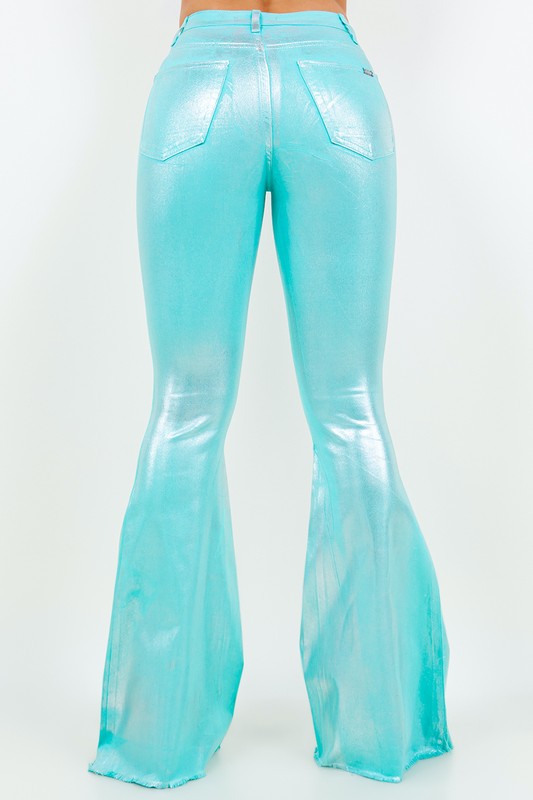 Metallic Turquoise Bell Bottom Jeans -32" Inseam