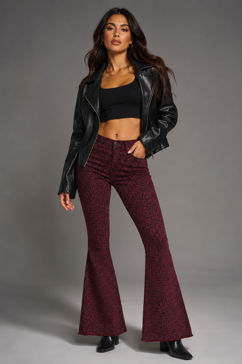 Burgundy Leopard Print Bell Bottom Jeans GJG DENIM