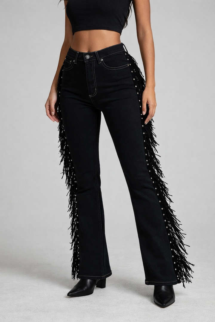 Made in USA Mid-Rise Black Boot Cut Jean with Fringe & Stud Detail GJG DENIM