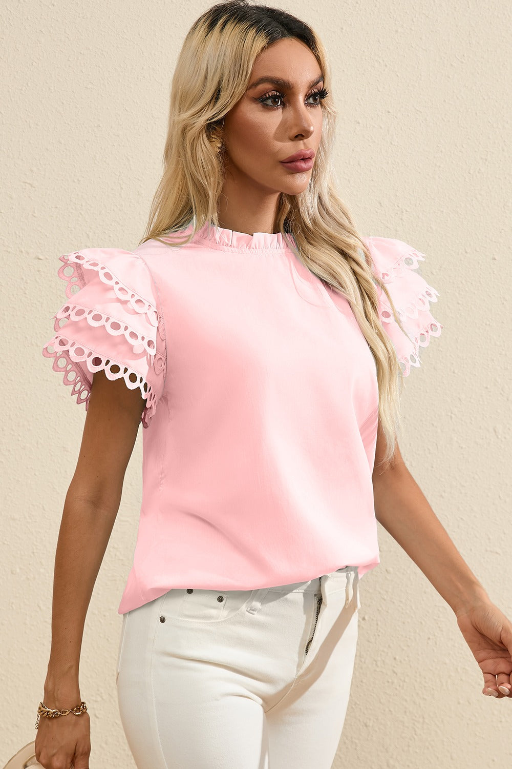 Ruffled Eyelet High Neck Cap Sleeve Blouse