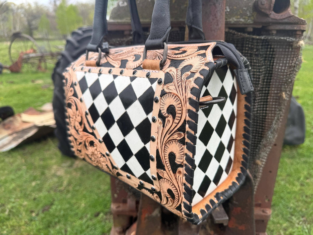 Tooled Leather Western Black and White Checkered Speedy Bag Double B Wild Rags