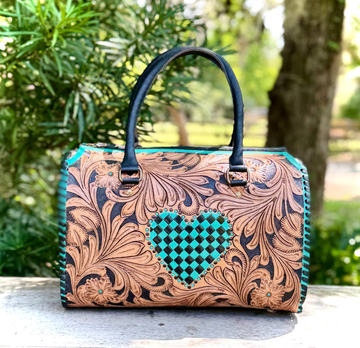 Tooled Leather Turquoise Black Checkered Heart Speedy Bag Neon Spur