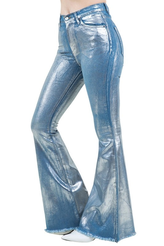 High Rise Metallic Blue Bell Bottom -30" Inseam