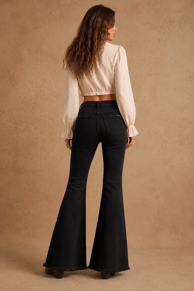 Rodeo Bell Bottom Jean in Black/Pink GJG DENIM