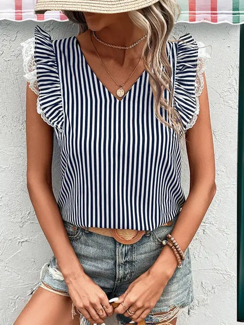Striped Ruffled Sleeve Top Neon Spur