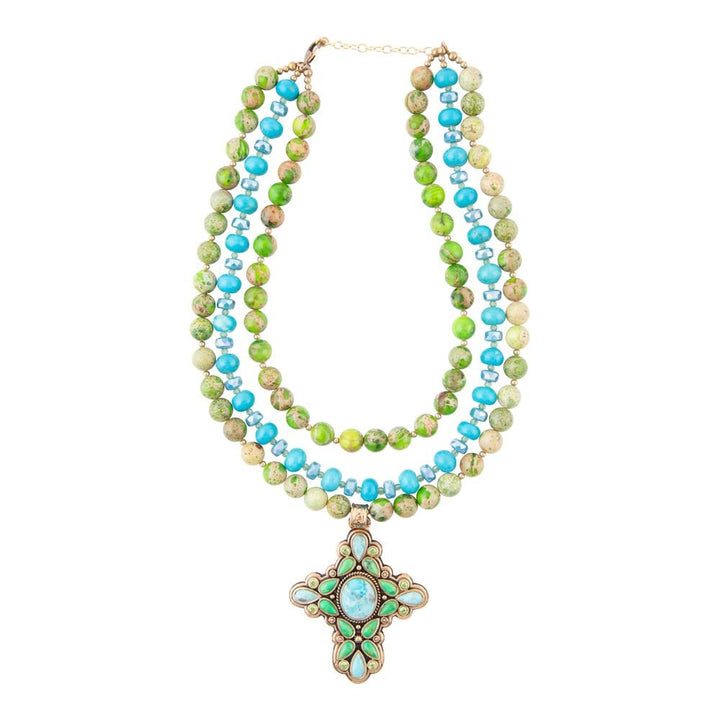 Legacy Lime Green and Blue Turquoise Golden Cross Pendant Statement Necklace