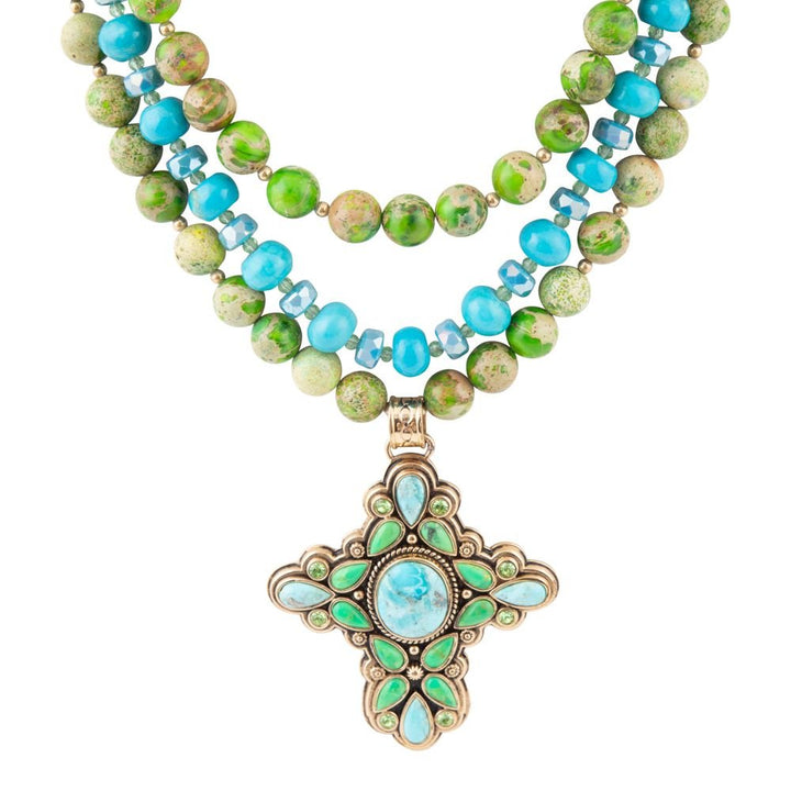 Legacy Lime Green and Blue Turquoise Golden Cross Pendant Statement Necklace