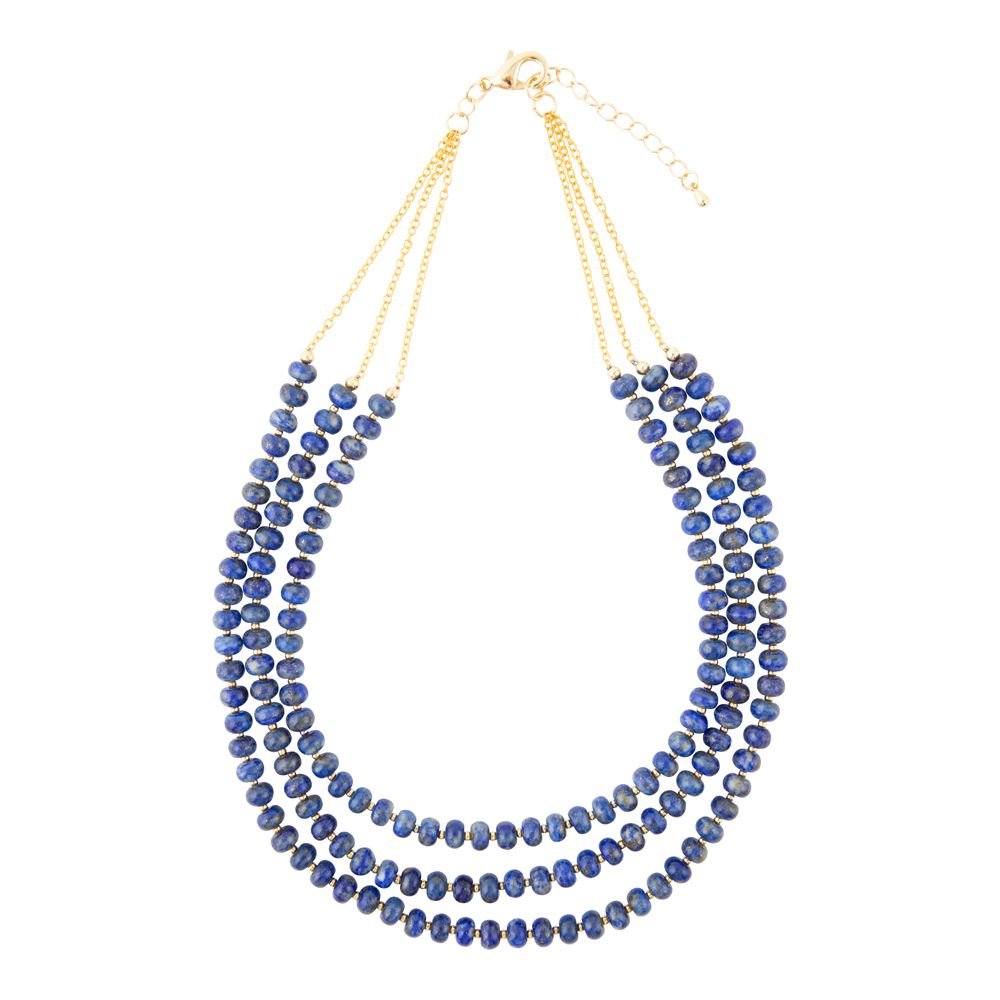Blue Lapis Triple Strand Golden Necklace