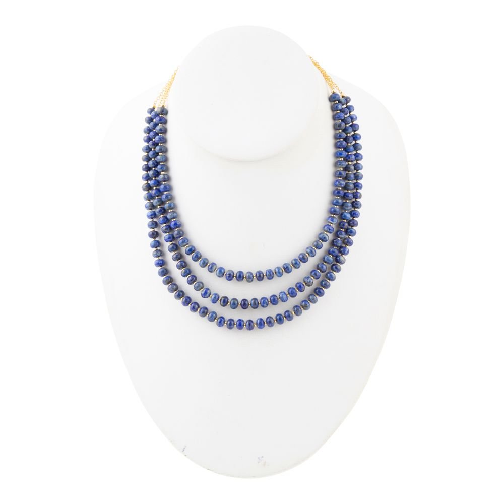 Blue Lapis Triple Strand Golden Necklace