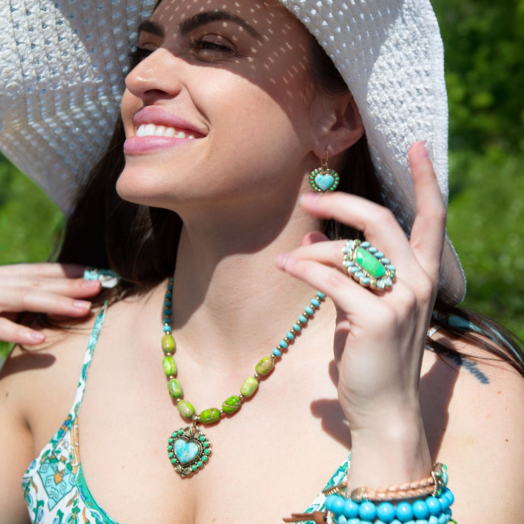 Legacy Heart Lime Green and Blue Turquoise Golden Drop Earrings