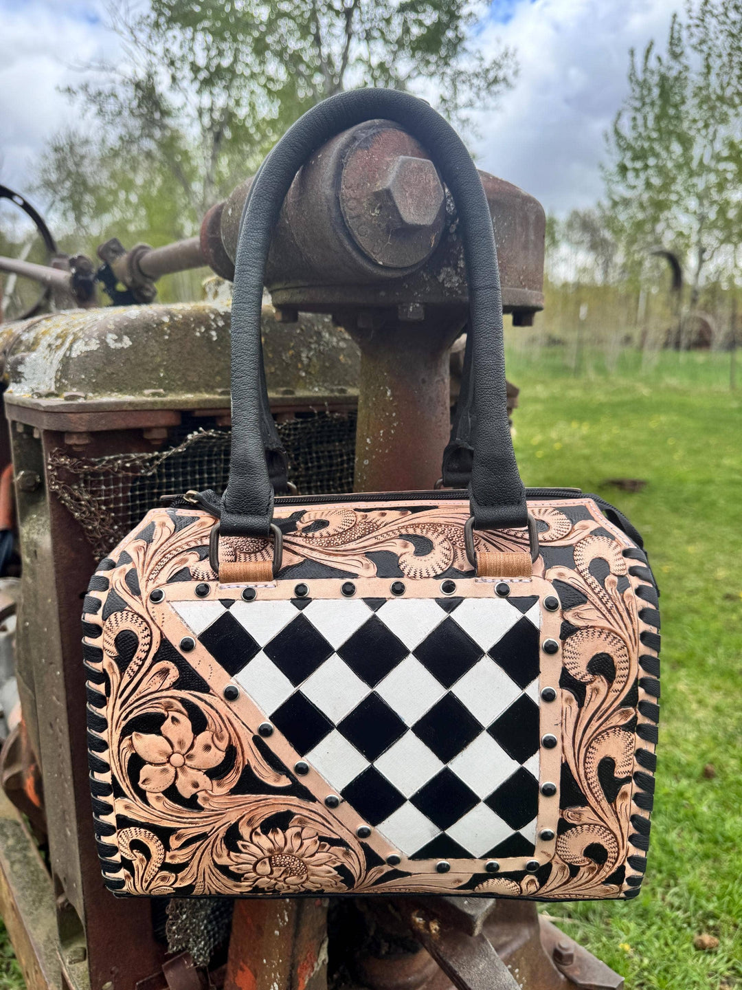 Tooled Leather Western Black and White Checkered Speedy Bag Double B Wild Rags