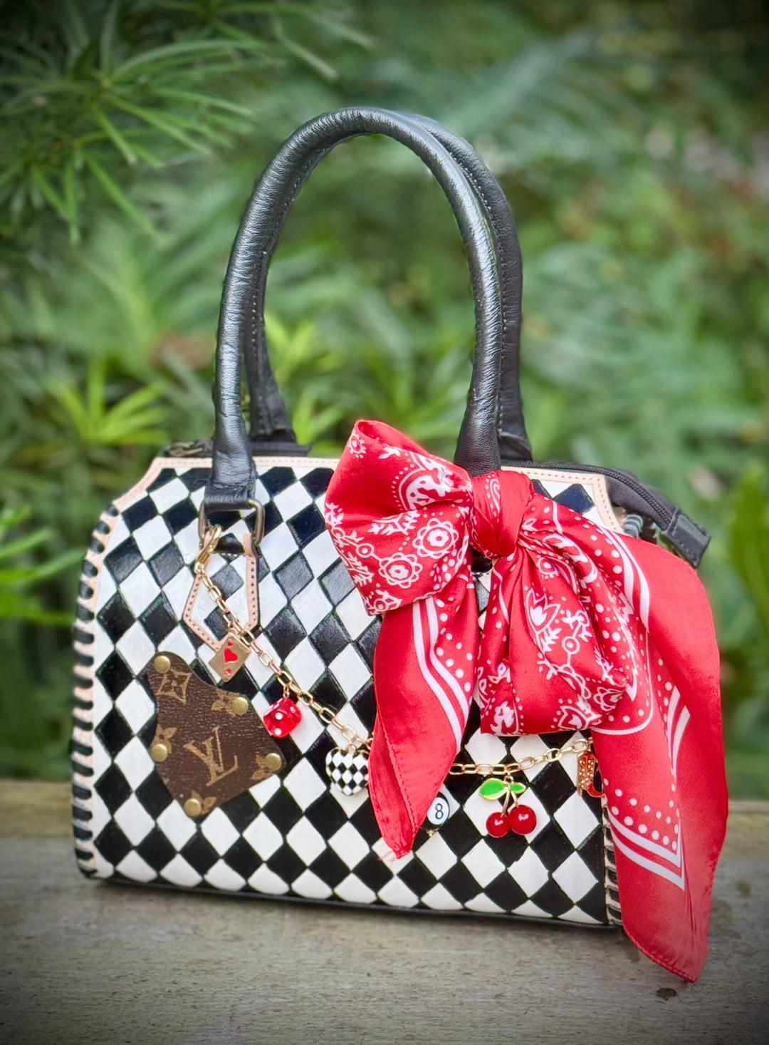 Upcycled LV Leather Checkered & Cherries Speedy Bag