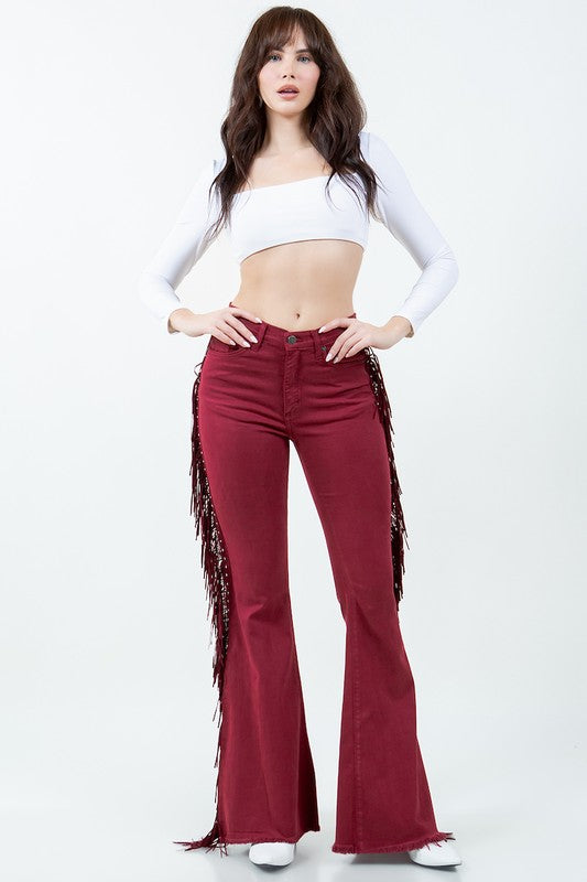 Texas Sun Fringe Bell Bottom Wine- 32” Inseam