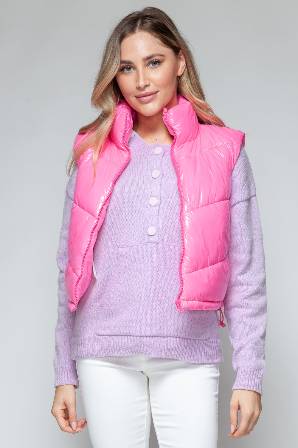 Shiny Neon Pink Zip Up Turtleneck Quilted Vest