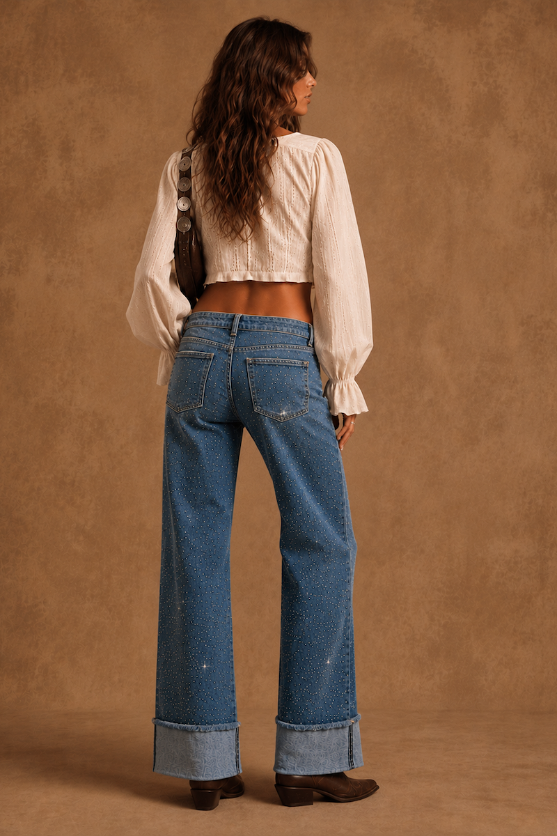 The Rhinestone Darling Wide Leg Cuffed Jean GJG DENIM