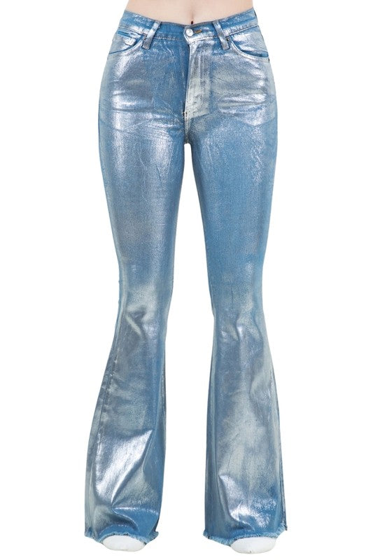 High Rise Metallic Blue Bell Bottom -30" Inseam