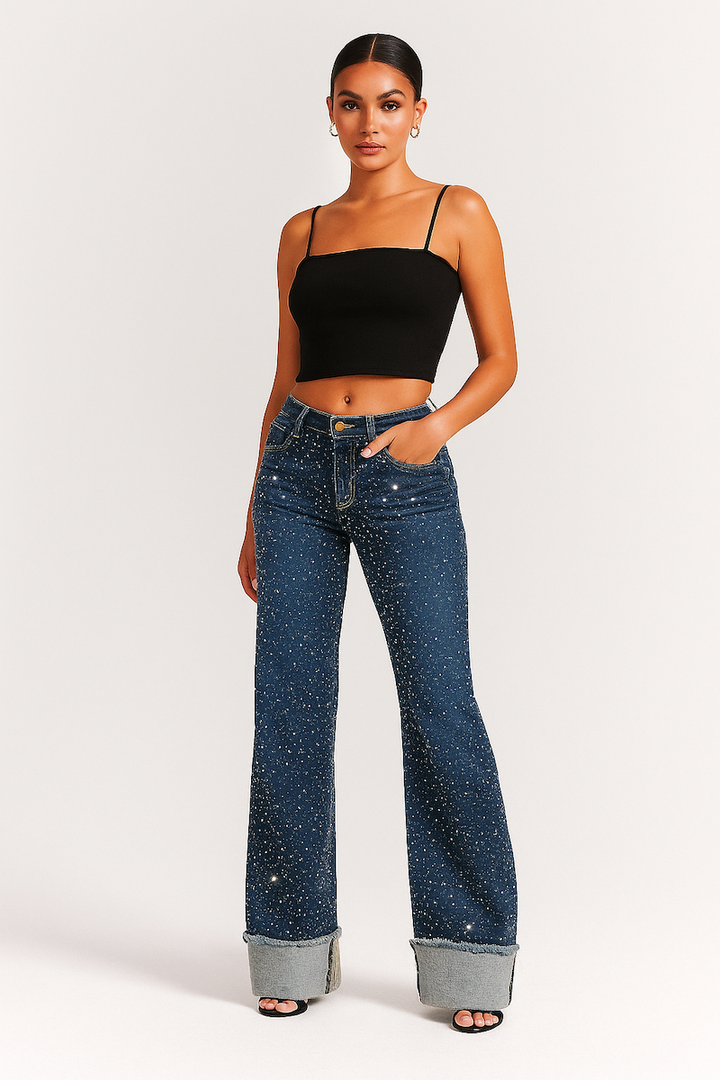Gary Low Rise Rhinestone Wide Leg Cuffed Jeans -Monterey Wash GJG DENIM