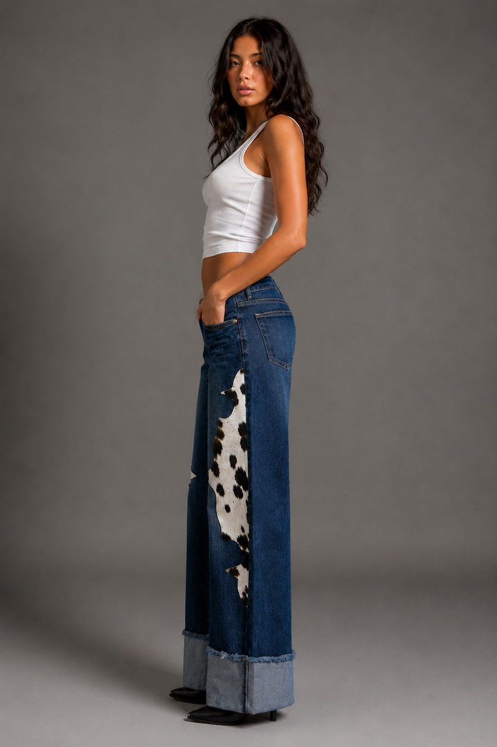 Dakota Drift Low Rise Dark Wash Wide Leg Cuffed Jeans GJG DENIM