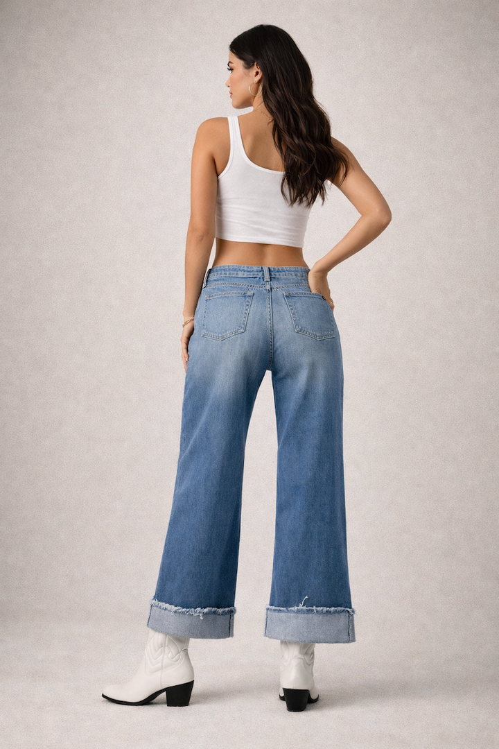 Pink Vinyl Croc Panel Low Rise Wide Leg Cuffed Western Jeans GJG DENIM