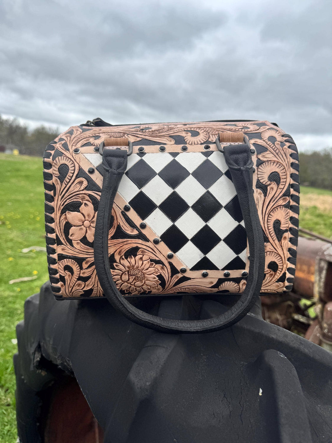 Tooled Leather Western Black and White Checkered Speedy Bag Double B Wild Rags