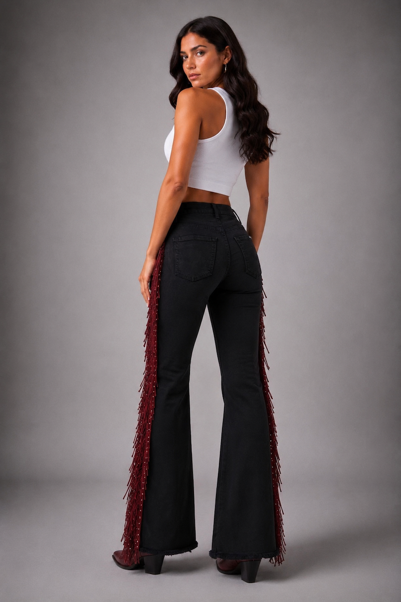 Burgundy Texas Sun Black Denim Bell Bottom Jeans GJG DENIM