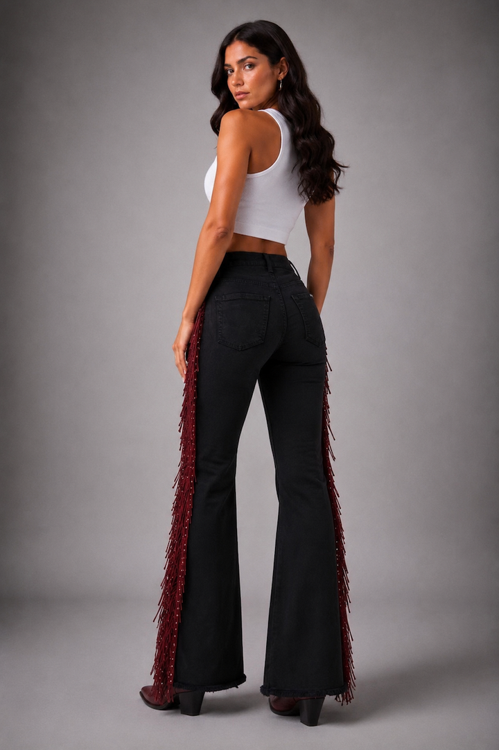 Burgundy Texas Sun Black Denim Bell Bottom Jeans GJG DENIM