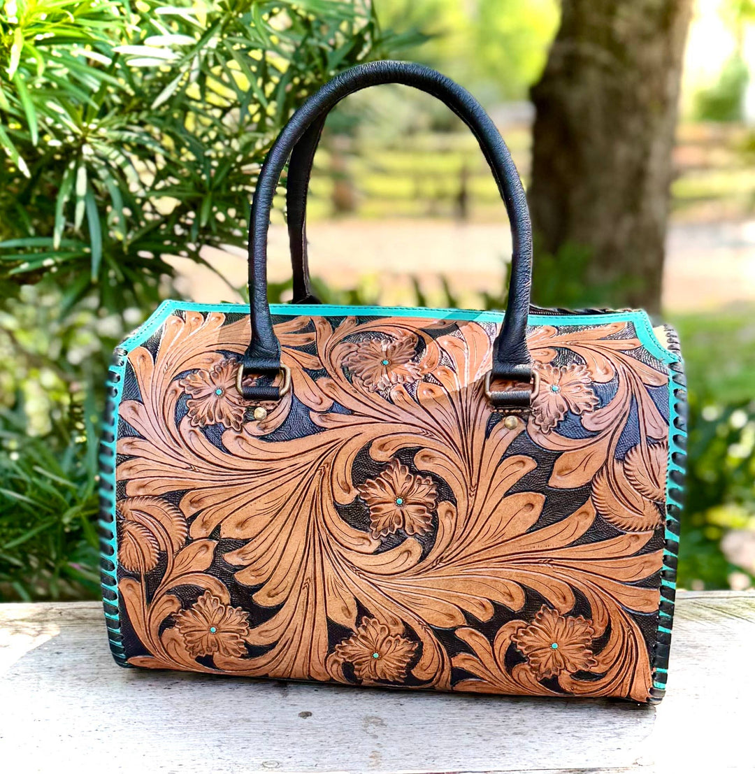 Tooled Leather Turquoise Black Checkered Heart Speedy Bag Neon Spur