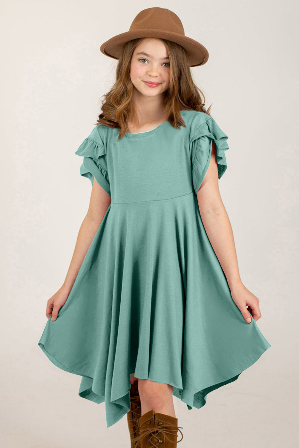 Round Neck Petal Sleeve Girls Dress