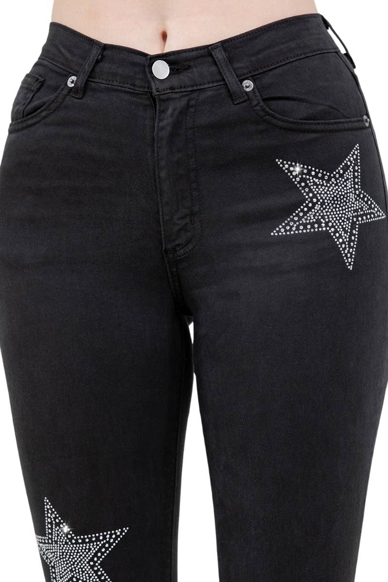 Black Denim Star Rhinestone Bell Bottom Jeans -32” Inseam GJG Denim