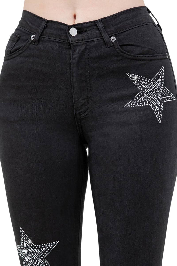 Black Denim Star Rhinestone Bell Bottom Jeans -32” Inseam GJG Denim