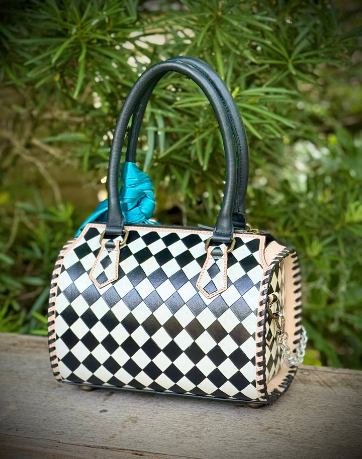 Upcycled LV Black & White Checkered Leather Speedy Bag Southern Junkie Gypsy Boutique