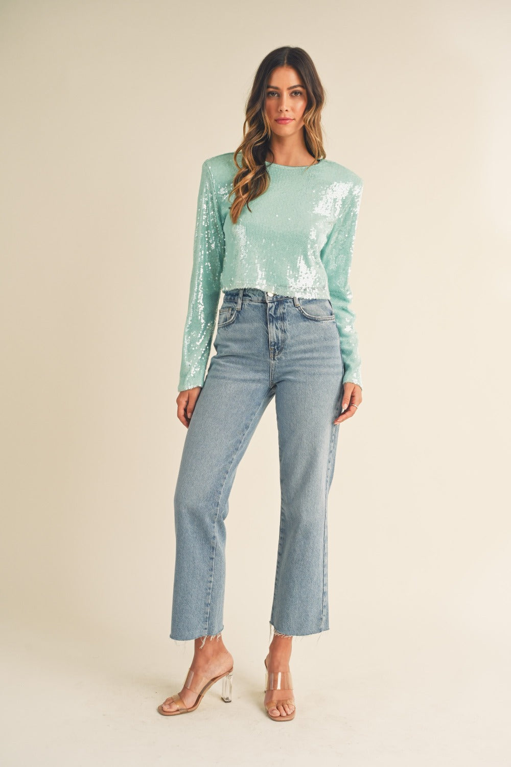 Minted Shoulder Padded Sequin Crop Top