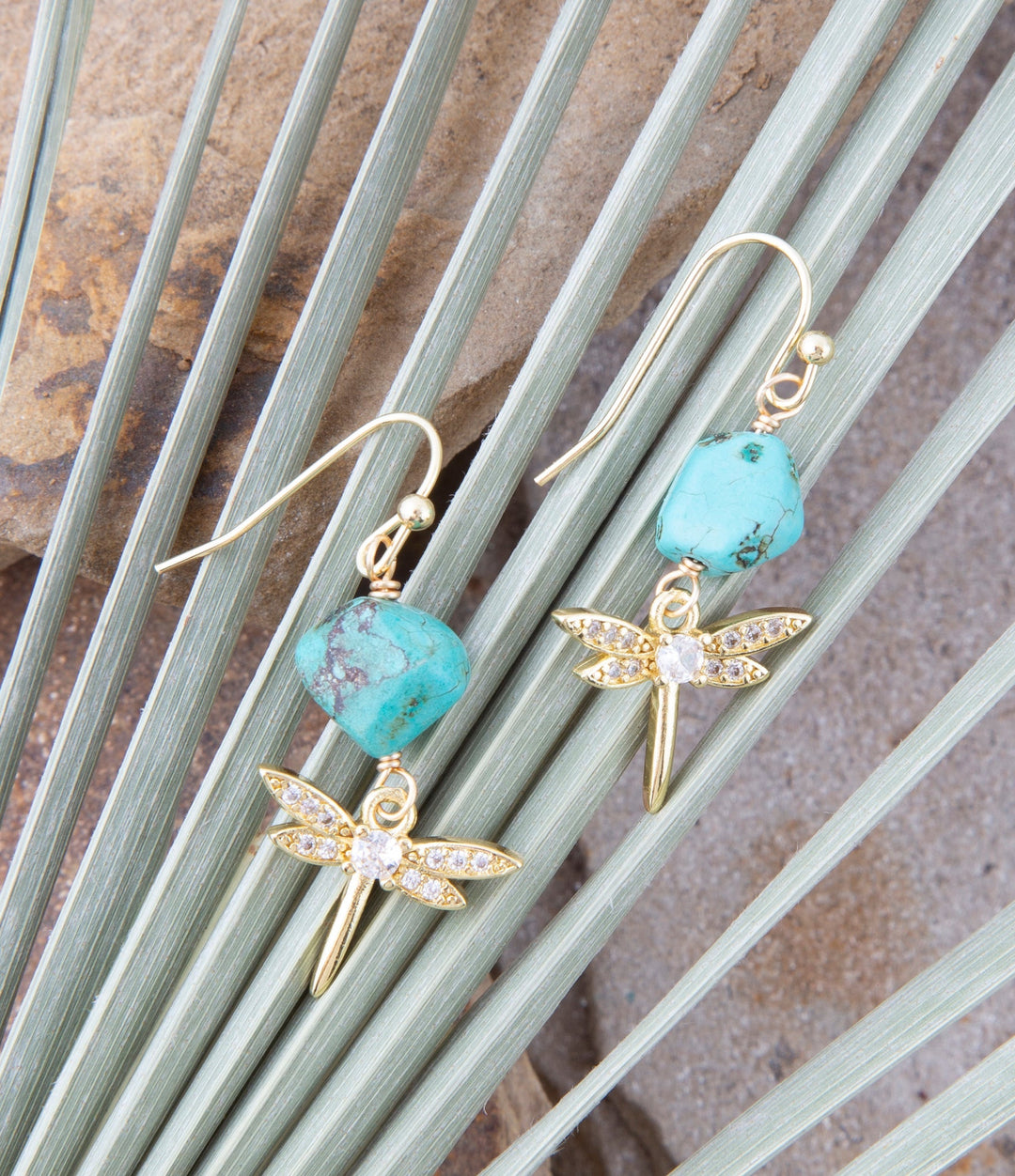 Dragonfly Blue Magnesite Golden Drop Earrings