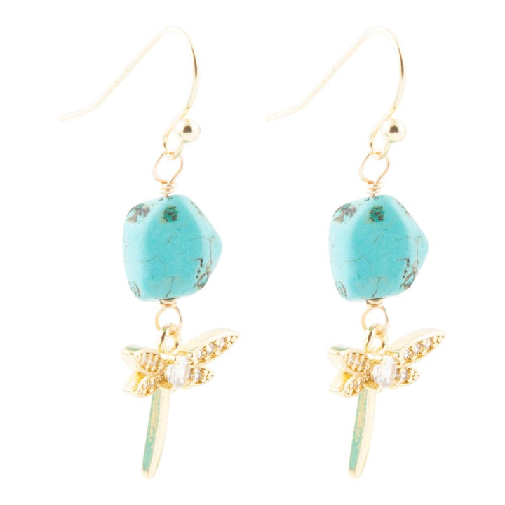 Dragonfly Blue Magnesite Golden Drop Earrings