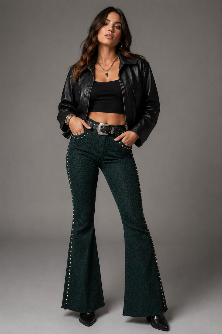 Studded Green Leopard Bell Bottom Jeans GJG DENIM